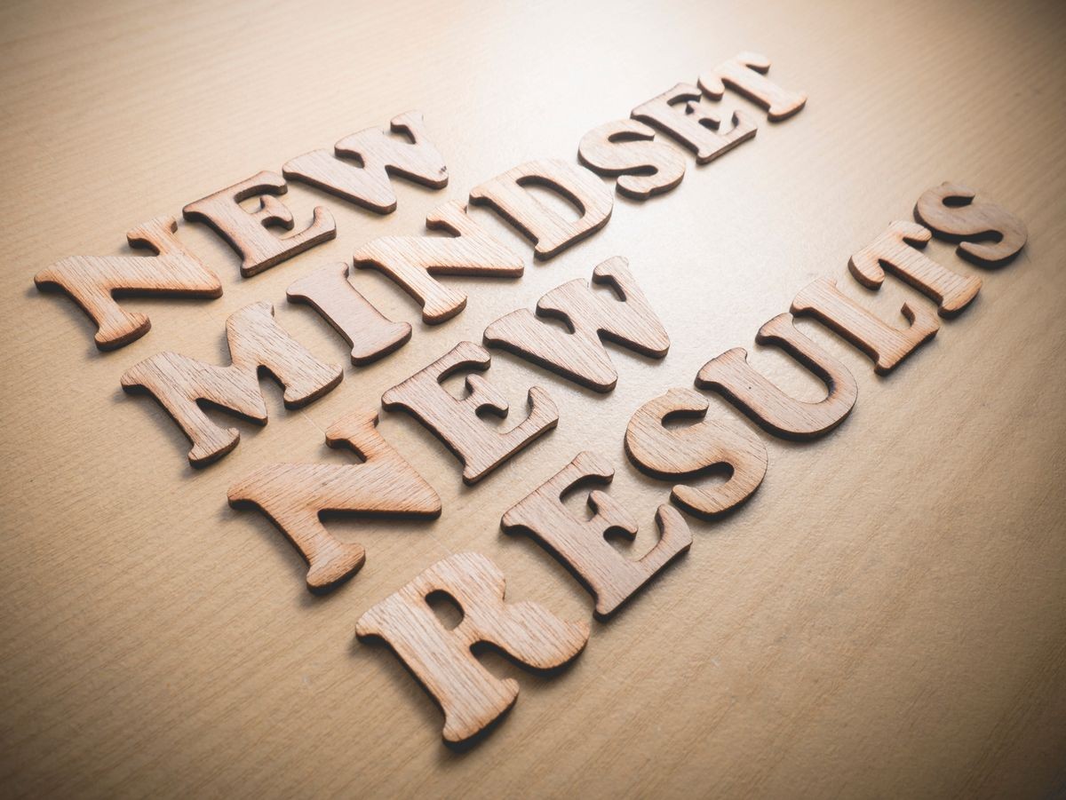New mindset new results wooden words letter, motivational self development business typography quotes concept